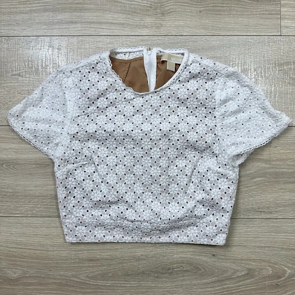 MICHAEL MICHAEL KORS Geo Eyelet Cropped Short Sleeve Top White Size 0‎ XS $155